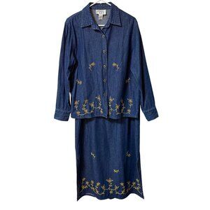 Cervelle Denim Maxi Dress 2 Piece Set Sz L Blue Jean VTG Embroidered Lagenlook